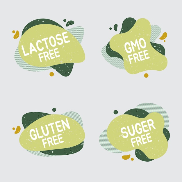 Lactose free icon set. Food badge contains no lactose label for healthy dairy food product package. Vector signs for packaging design, cafe, restaurant badges, tags.