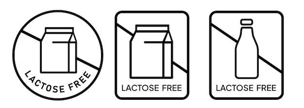 Vettore segno privo di lattosio emblema distintivo sigillo simbolo intolleranza al latte bianco e nero