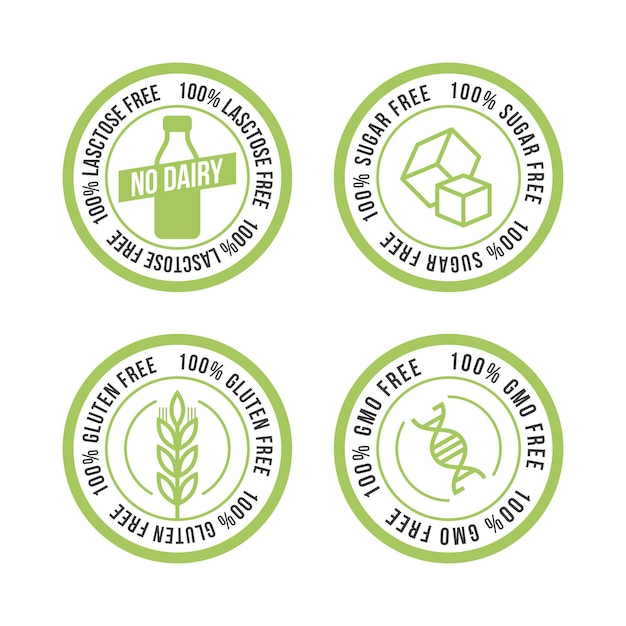 Lactose free, sugar free, gluten free, gmo free vector stamp for food emblems designs, can be used as stamps, seals, badges, for packaging etc. decorative element for healthy natural organic nutrition