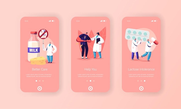 Modello di schermata della pagina dell'app mobile per l'intolleranza al lattosio. carattere e medici.