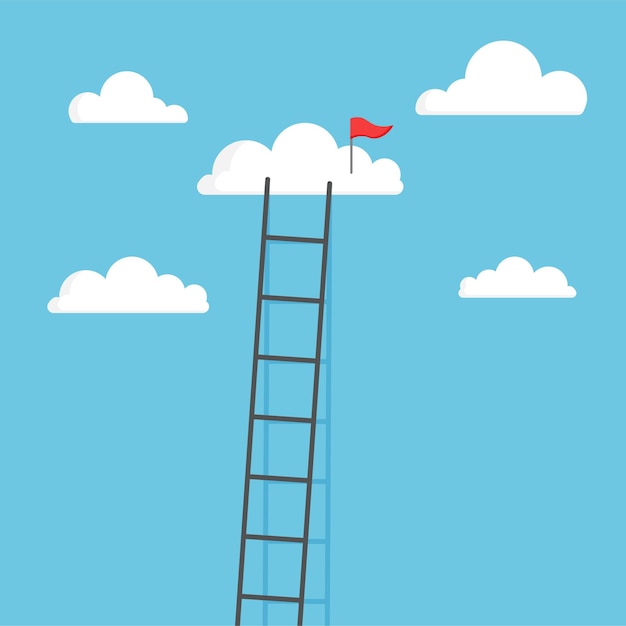Ladder leading to cloud with red flag Target and achievement concept Vector illustration isolated