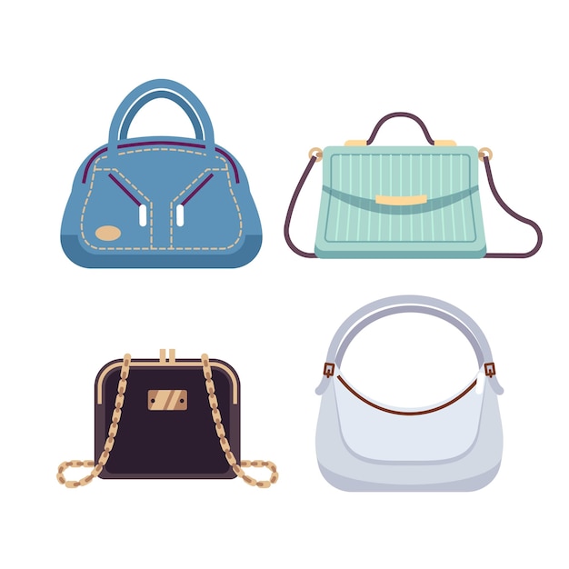 Ladies Bags Handbags women with fashion accessories Summer pastel colors leather trendy glamour various forms purses Crossbody and with handle Vector cartoon isolated on white fashionable set