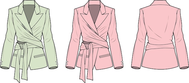 Modello di illustrazione vettoriale del disegno tecnico dello schizzo piatto anteriore e posteriore della giacca da cintura da donna