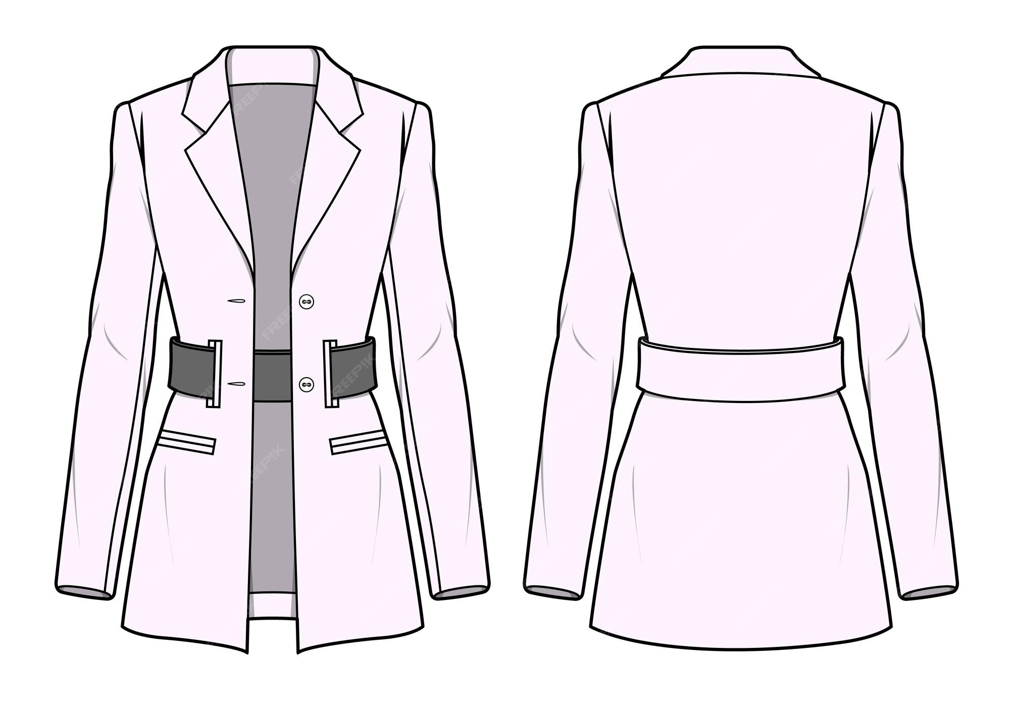 Premium Vector | Ladies belted coat front and back view flat drawing ...