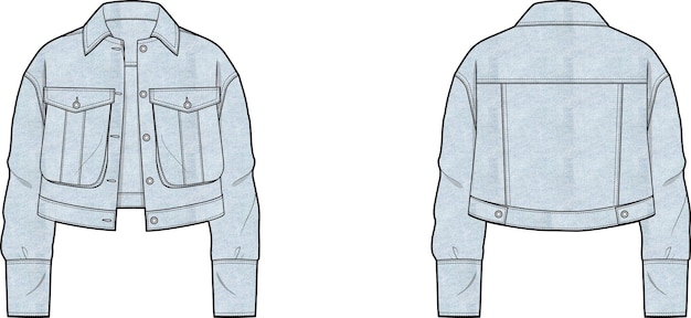 Ladies Denim Jacket pocket trucker front and back flat sketch technical drawing vector illustration