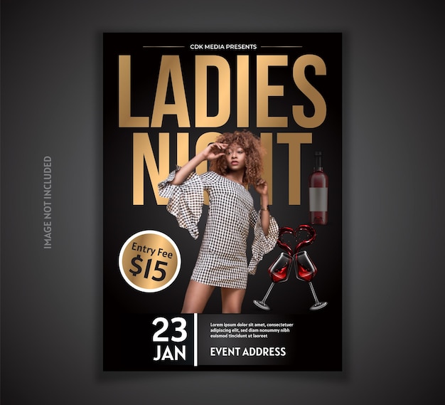 Ladies night party flyer social media post and gold and black color web banner template