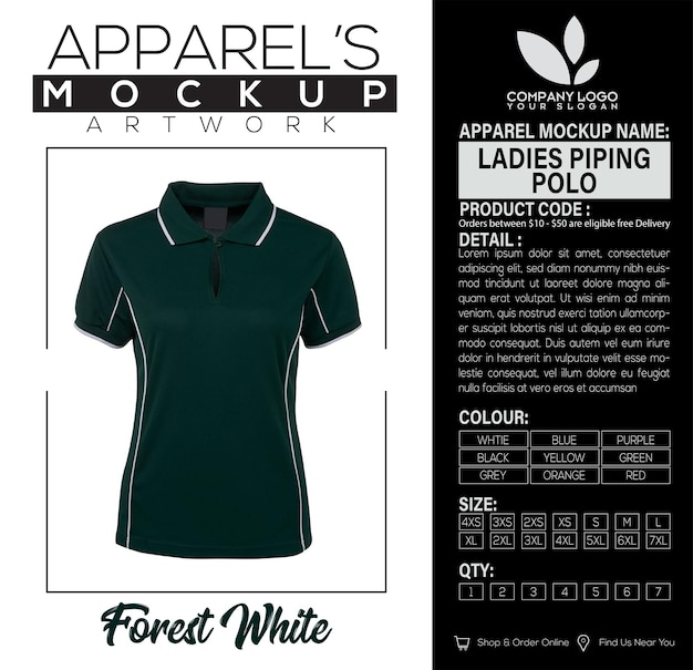 Ladies Piping Polo Forest White Apparel Mockup Artwork Design