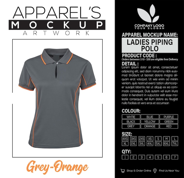 Ladies Piping Polo Grey Orange Apparel Mockup Artwork Design