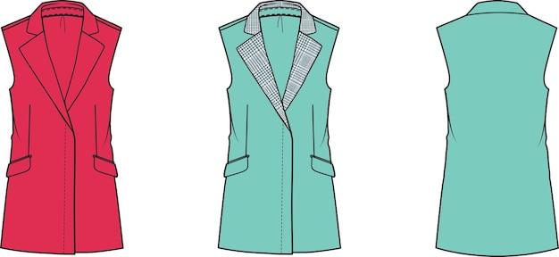 Vector ladies sleeveless blazer front and back part flat sketch technical drawing vector illustration