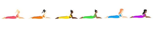 Ladies yoga pilates pose european african asian set in stile cartoon piatto allenamento sportivo