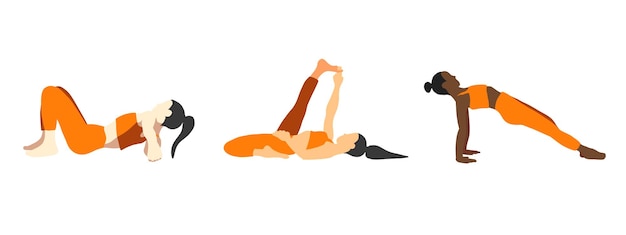 Ladies yoga pilates poses European African Asian Set in cartoon flat style Sport training