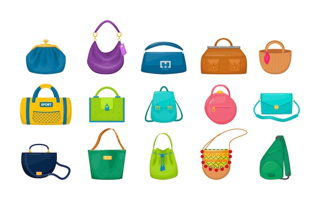 Premium Vector  Set of colorful fashion bags icons isolated on white  cartoon style vector illustration