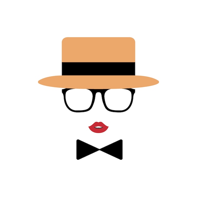 Lady avatar in hat, lips, glasses and a bow tie.