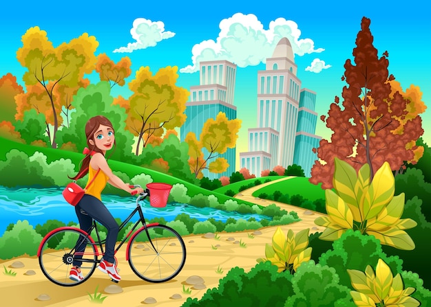 Lady on a bike in a urban park