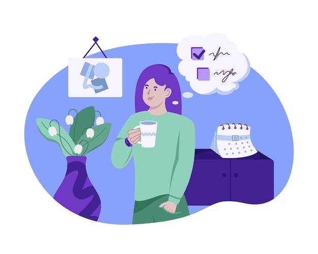 Vector lady drinking tea thinking about checklist time management