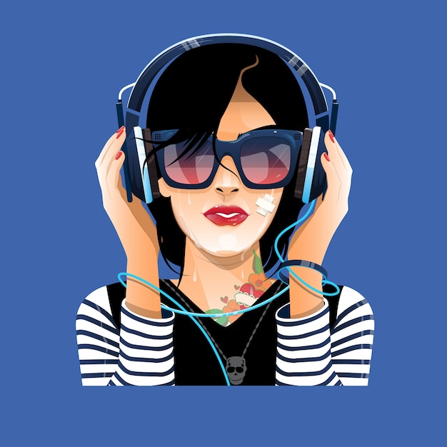 Vector lady in glasses with earphones listen to music