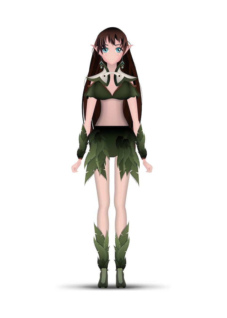 Vector lady in a green suit with a wooden staff in her hands anime girl isolated cartoon style vector
