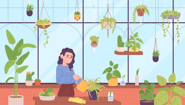 Lady at greenhouse Cute woman watering plants at home garden urban tropical jungle crazy hobby houseplant growing care flower cacti succulents decor garish vector illustration