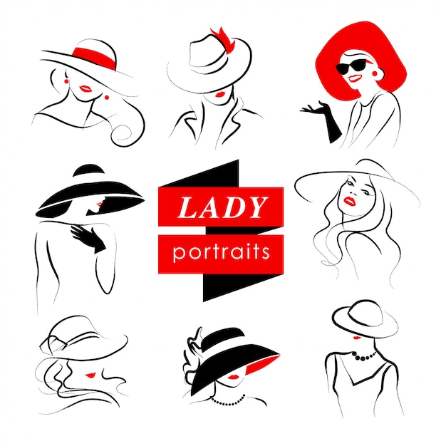 Lady in hat portrait collection. vector illustration.