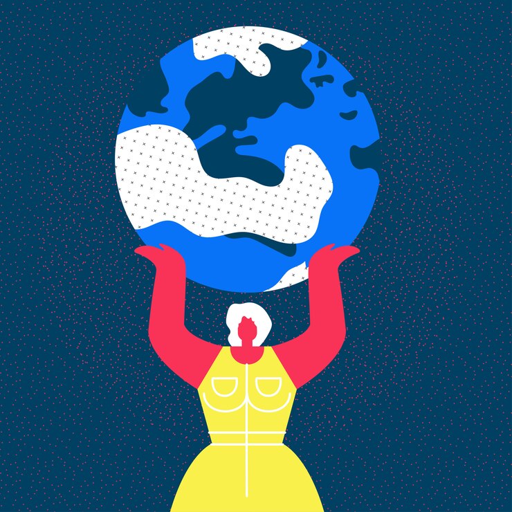 Vector lady hold planet earth flat illustration