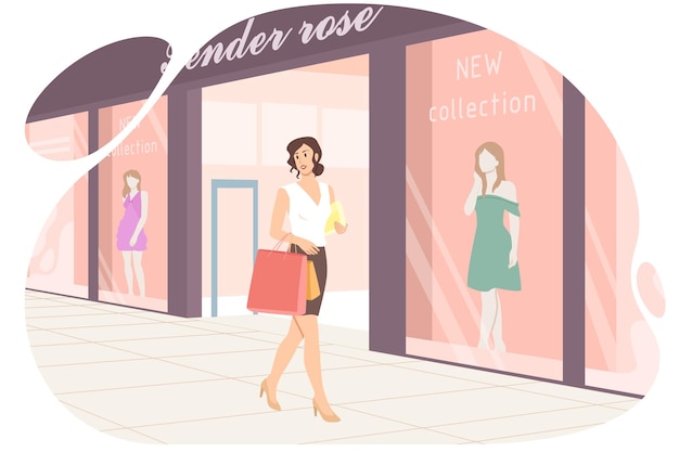 Vector lady holding a lot of shopping bags. discount, outlet, sale. flat style.