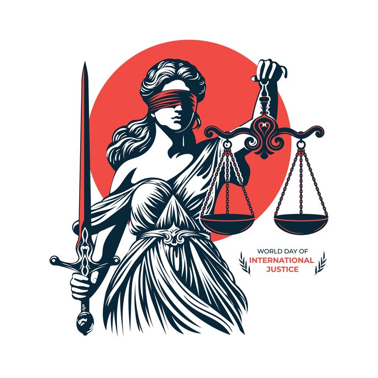 Vector lady justice holding scale and sword with hand drawn engraving style vector illustration
