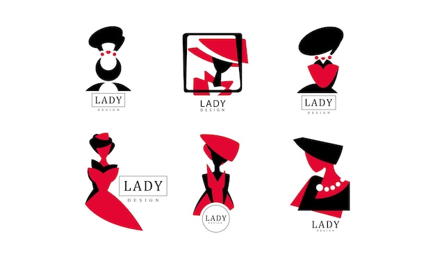 Lady logo ontwerp collectie modewinkel of schoonheidssalon rode en zwarte emblemen badges vector