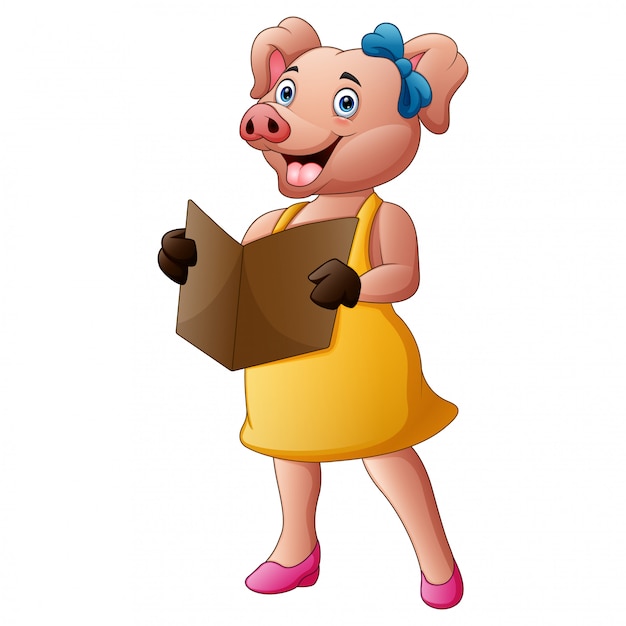 Vector lady pig in clothes reading a book