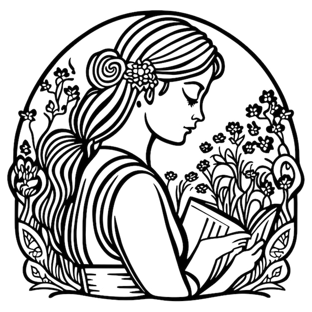 Леди читает книгу в цветочном саду, рисунок линии для взрослых, векторная иллюстрация книжки-раскраски