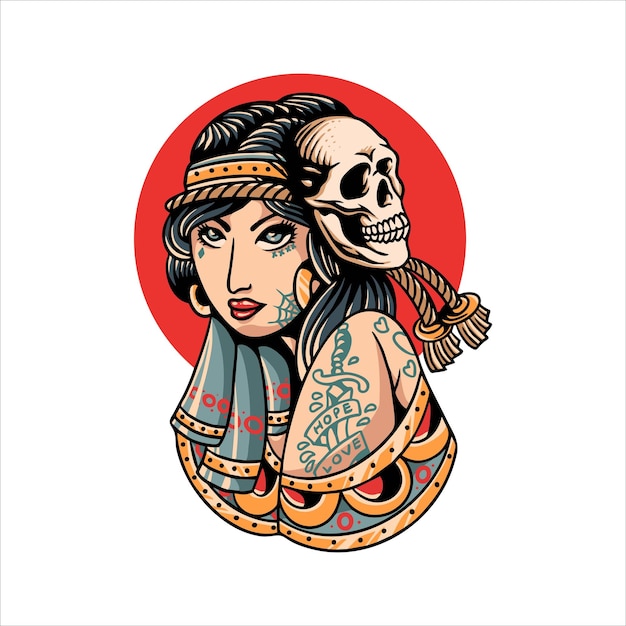 lady skull tattoo illustration vector design