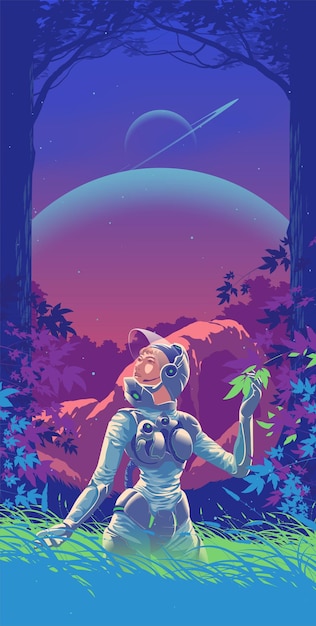 A lady in a spacesuit is exploring the mysterious forest on an unknown planet