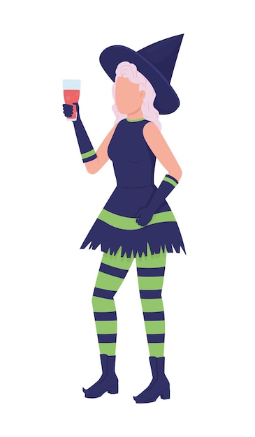 Vector lady wearing witch halloween costume semi flat color vector character