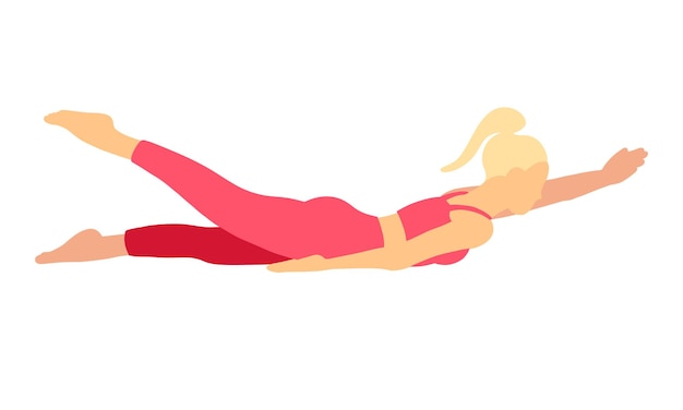 Lady with blonde ponytail hair yoga pose in cartoon flat style Pilates and mental health