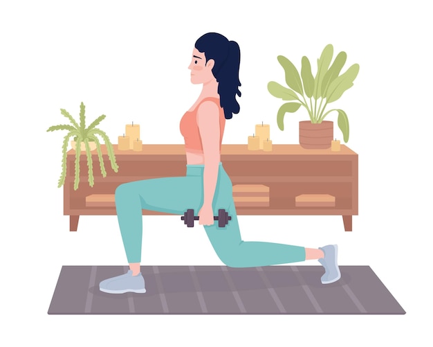 Lady with dumbbells doing lunges 2D vector isolated illustration