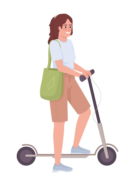 Lady with electric scooter semi flat color vector character