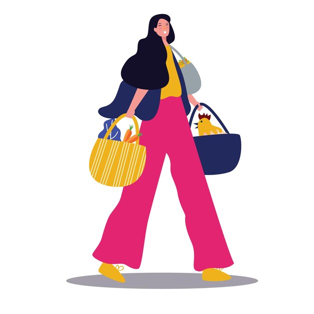 Lady with groceries walking with bag Vector drawing illustration retail shopper