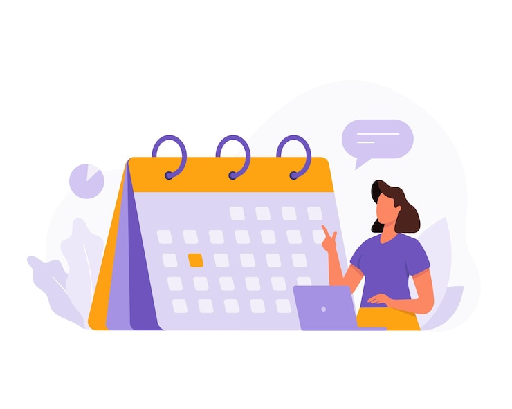 Vector lady working on laptop in office organizing time planning week process of organizing working time good business productivity process time management concept vector illustration
