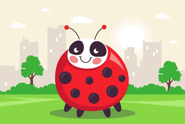 Ladybug character sits on a green meadow insect in nature