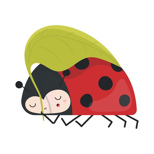 Vettore clipart coccinella in stile cartone animato carino bella clip art coccinella dorme sotto una foglia.