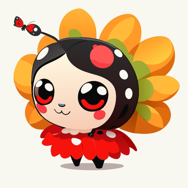 Vector ladybug fairy side view with sunflower vector illustration kawaii
