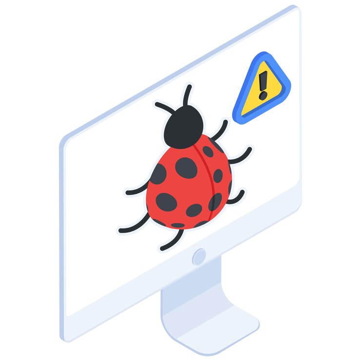 Vector a ladybug on a monitor with a yellow sign that says bug alert
