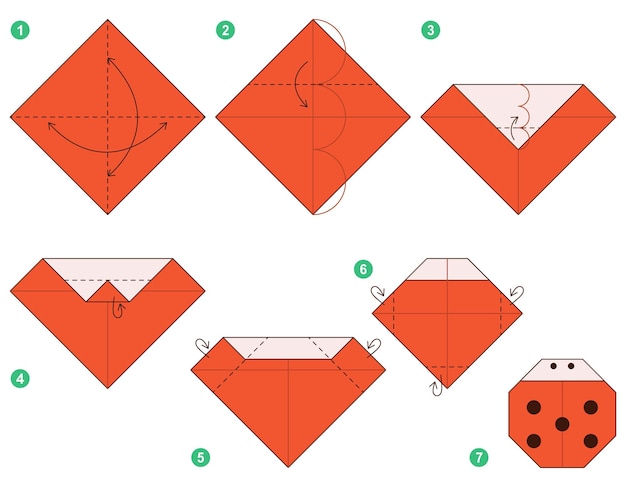 Ladybug origami scheme tutorial moving model. Origami for kids. Step by step.