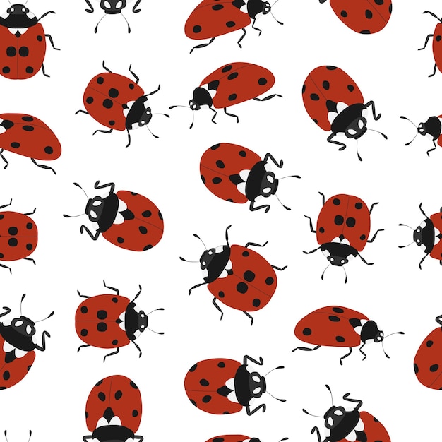 Ladybug seamless pattern. hand-drawn ladybug. isolated on white background. flying insect. wildlife. red background black dot. vector illustration.