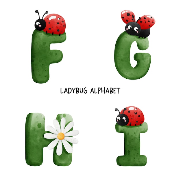 Ladybug watercolor alphabet Vector illustration