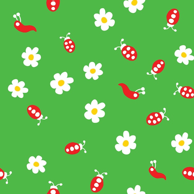 Ladybug worm and flowers seamless pattern