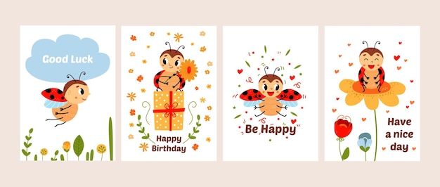 레이디버그 카드, 레이디 버그 프린트 포스터, 꽃 위에 앉아 날아다니는 귀여운 재미있는 벌레, 여름 아기 캐릭터, 예쁜 만화 곤충, 아이들, 고급스러운 터 세트