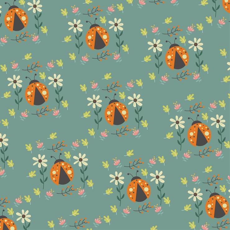 Vector ladybugs and flowers delicate vector pattern for decoration, packaging, textile. flat design
