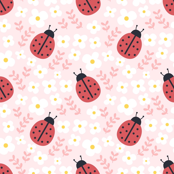 Vector ladybugs and flowers seamless pattern background