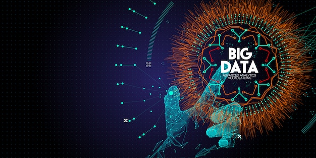 Lage polygoon Hand aanraken Big data geavanceerde technologie en visualisatie met Fractal-element met array van lijnen en punten.