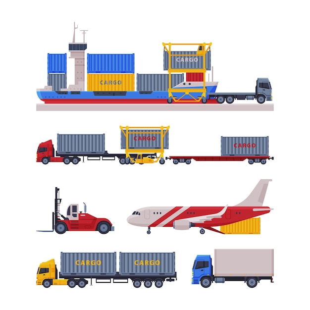 Lager met vrachtvervoercontainers met vectorset